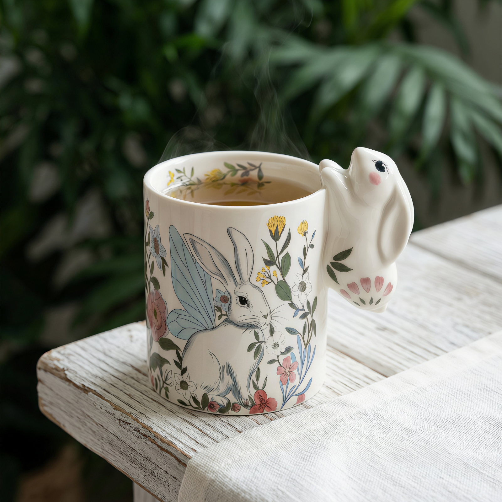 Floral Bunny Ceramic Mug with 3D Ear Handle