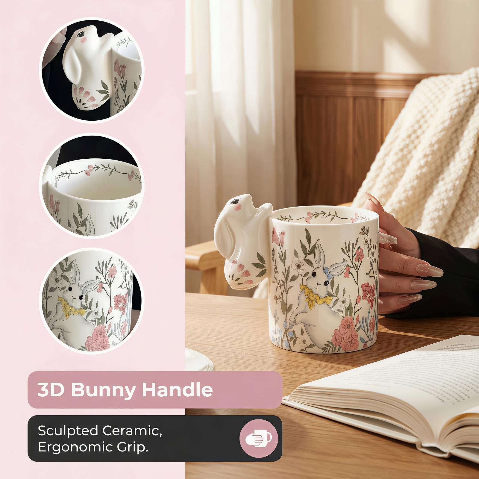 Floral Bunny Ceramic Mug with 3D Ear Handle
