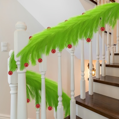 6FT Christmas Green Plush Garland with Red Pearl Balls