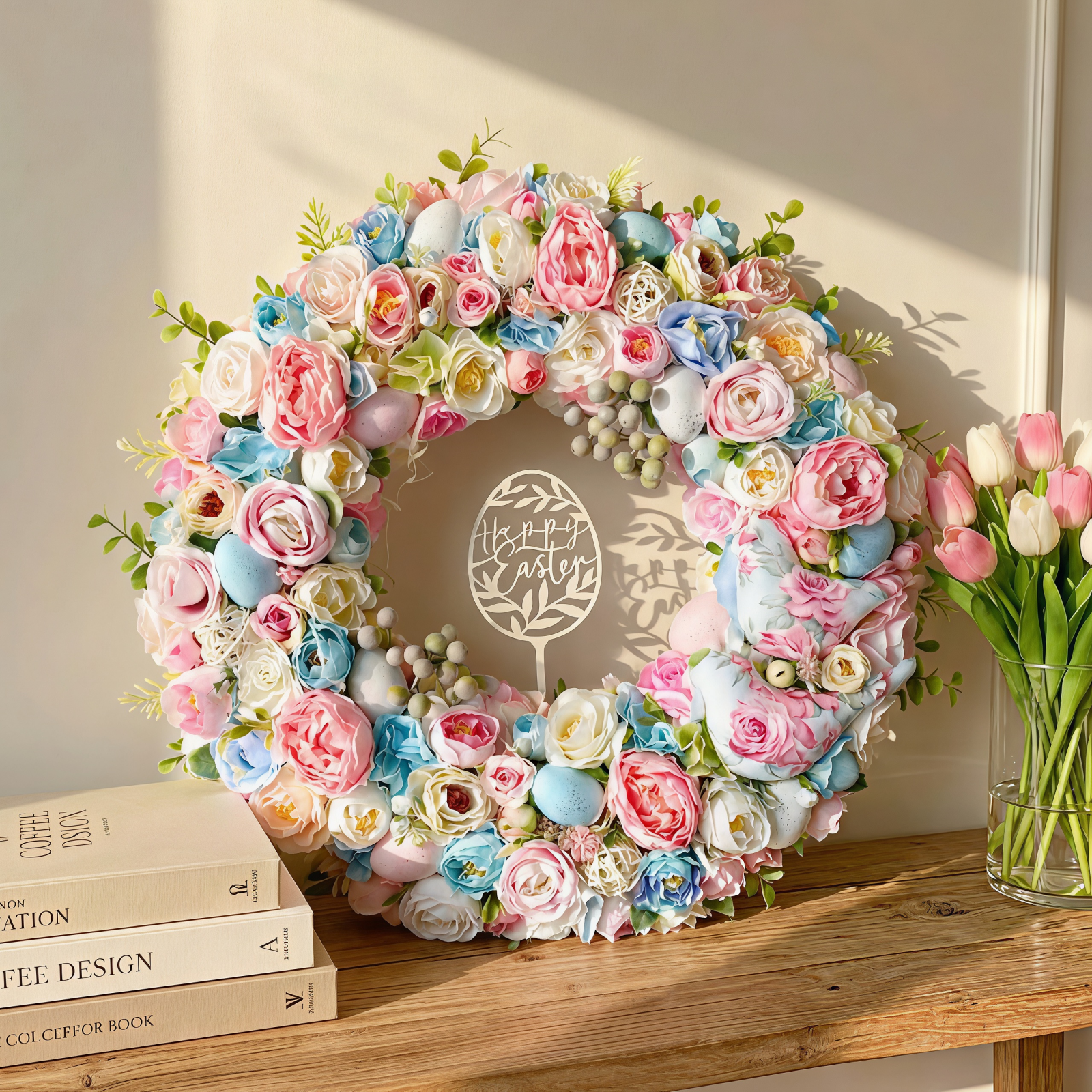 Pastel Spring Peony Wreath with Eggs