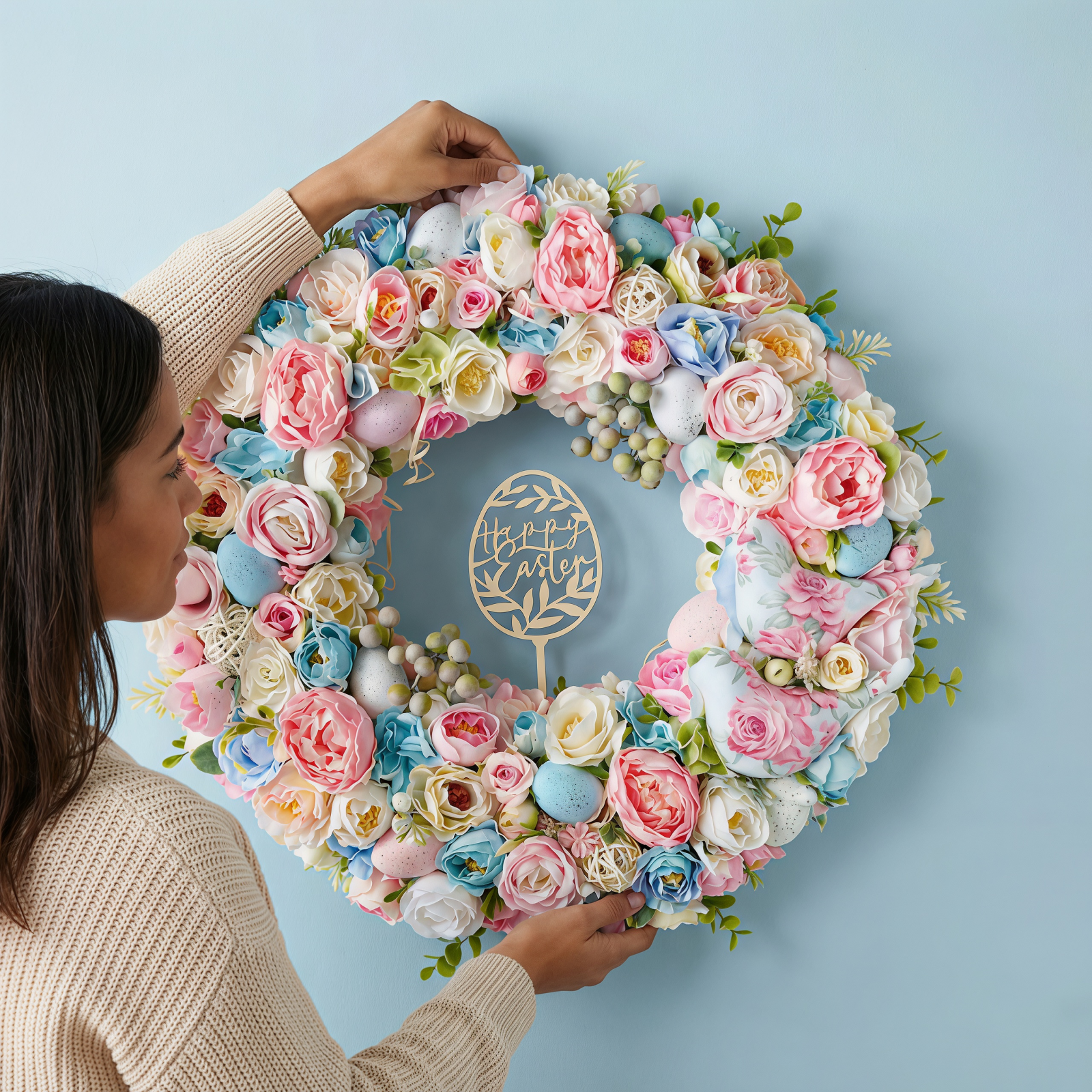 Pastel Spring Peony Wreath with Eggs
