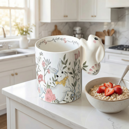 Floral Bunny Ceramic Mug with 3D Ear Handle