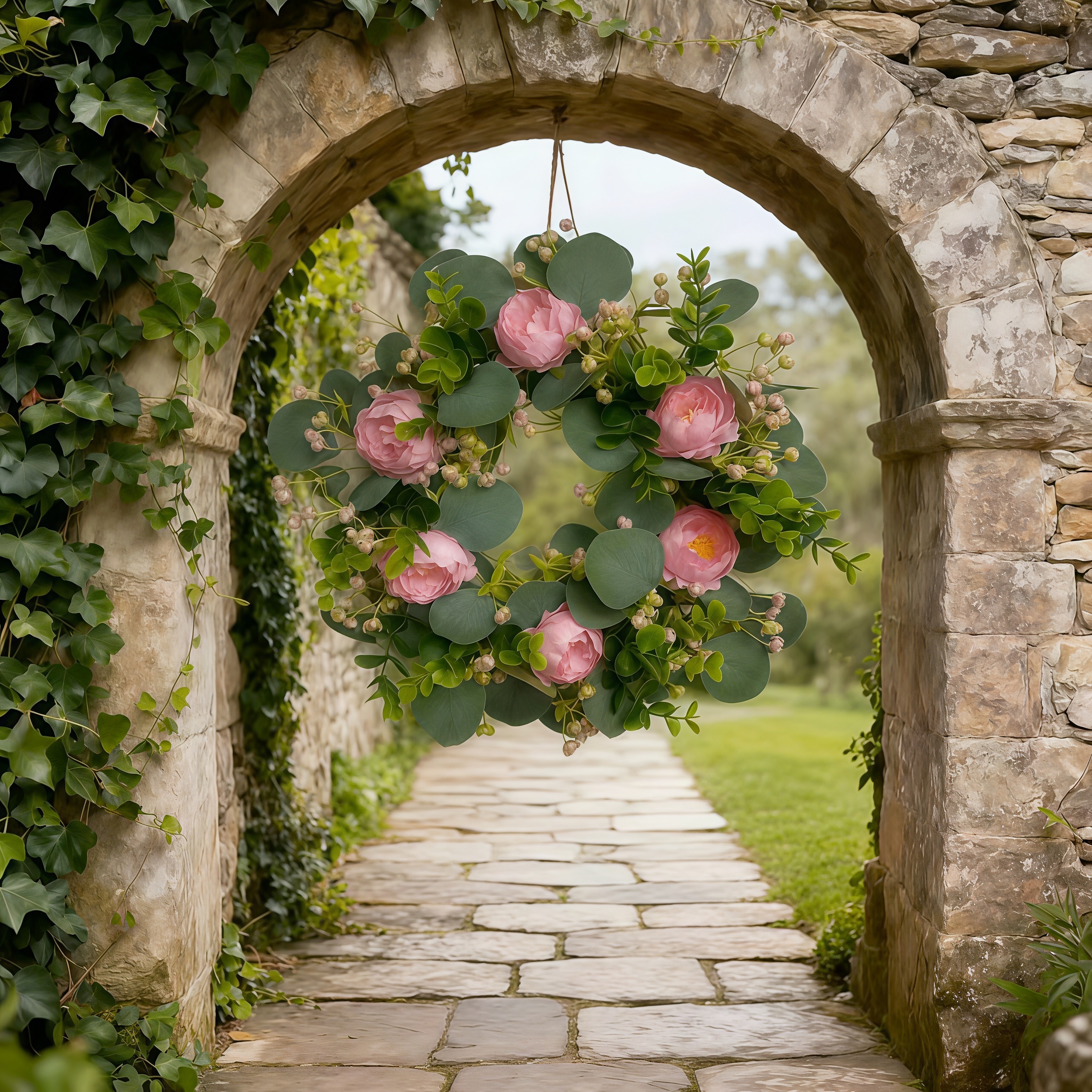 Peony Eucalyptus Baby’s Breath Buds Artificial Floral Wreath