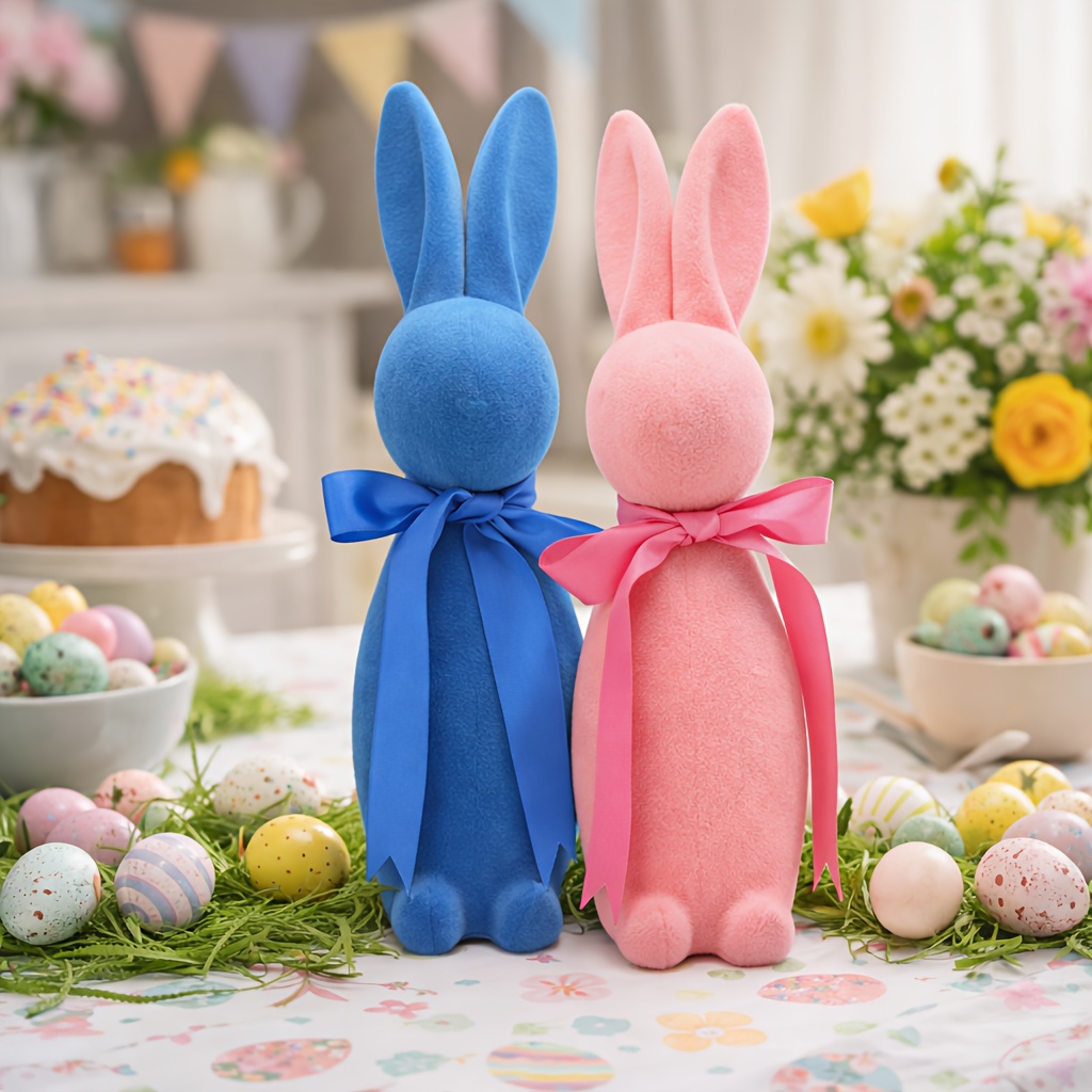 16” Flocked Easter Bunny Decor with Ribbon