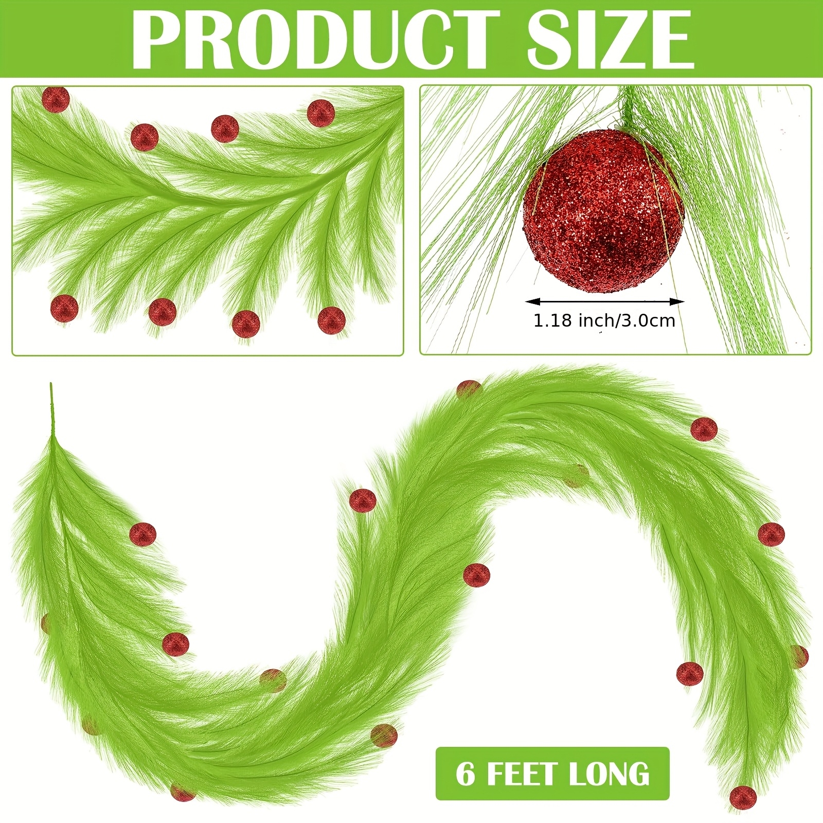 6FT Christmas Green Plush Garland with Red Pearl Balls