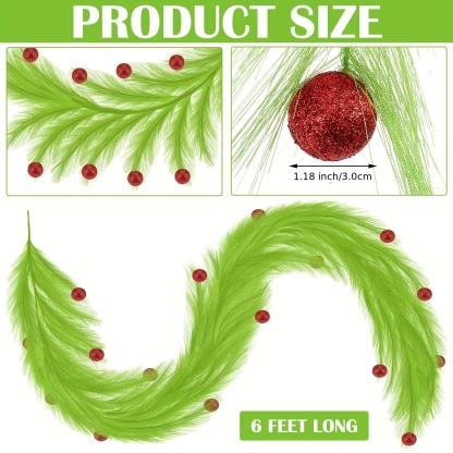 6FT Christmas Green Plush Garland with Red Pearl Balls