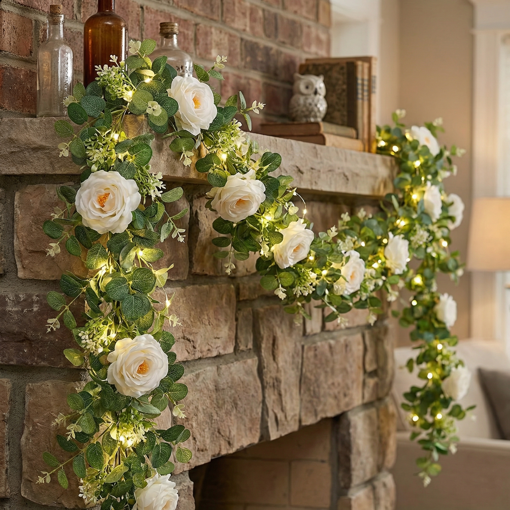 1 Pack 30 LED Artificial Eucalyptus Garland with Roses