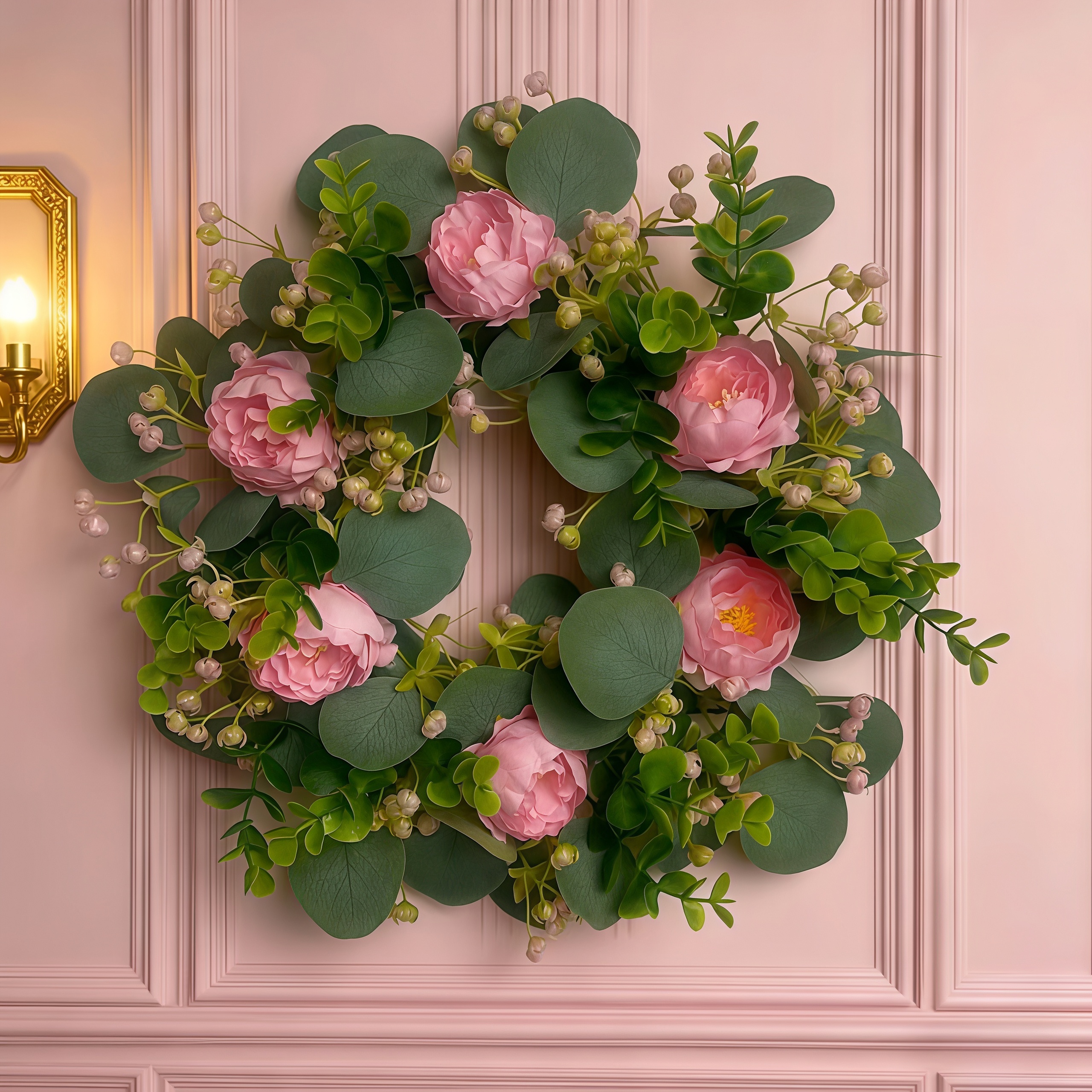 Peony Eucalyptus Baby’s Breath Buds Artificial Floral Wreath