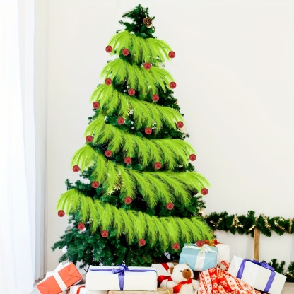 6FT Christmas Green Plush Garland with Red Pearl Balls