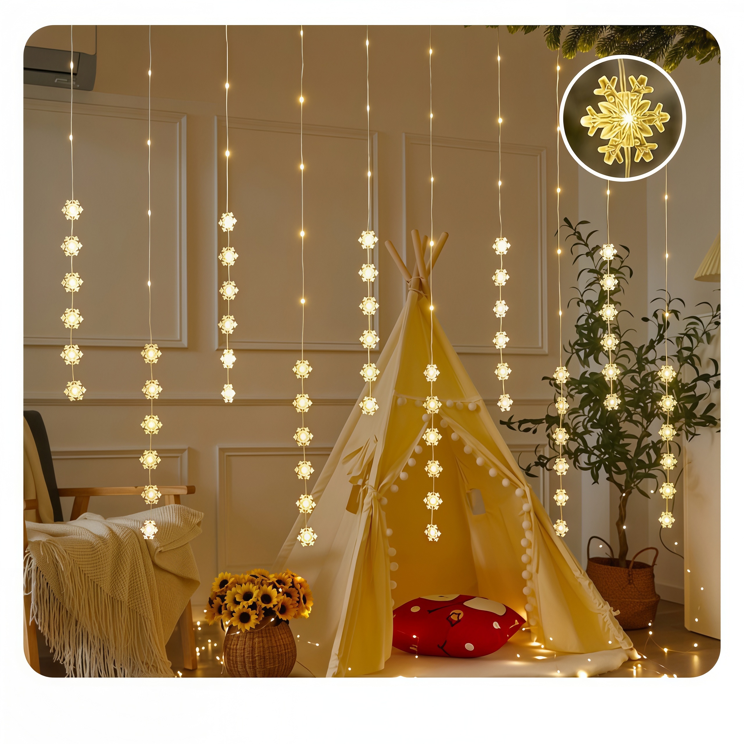 9.84 FT Warm White LED Window Curtain Lights with Hanging Strands
