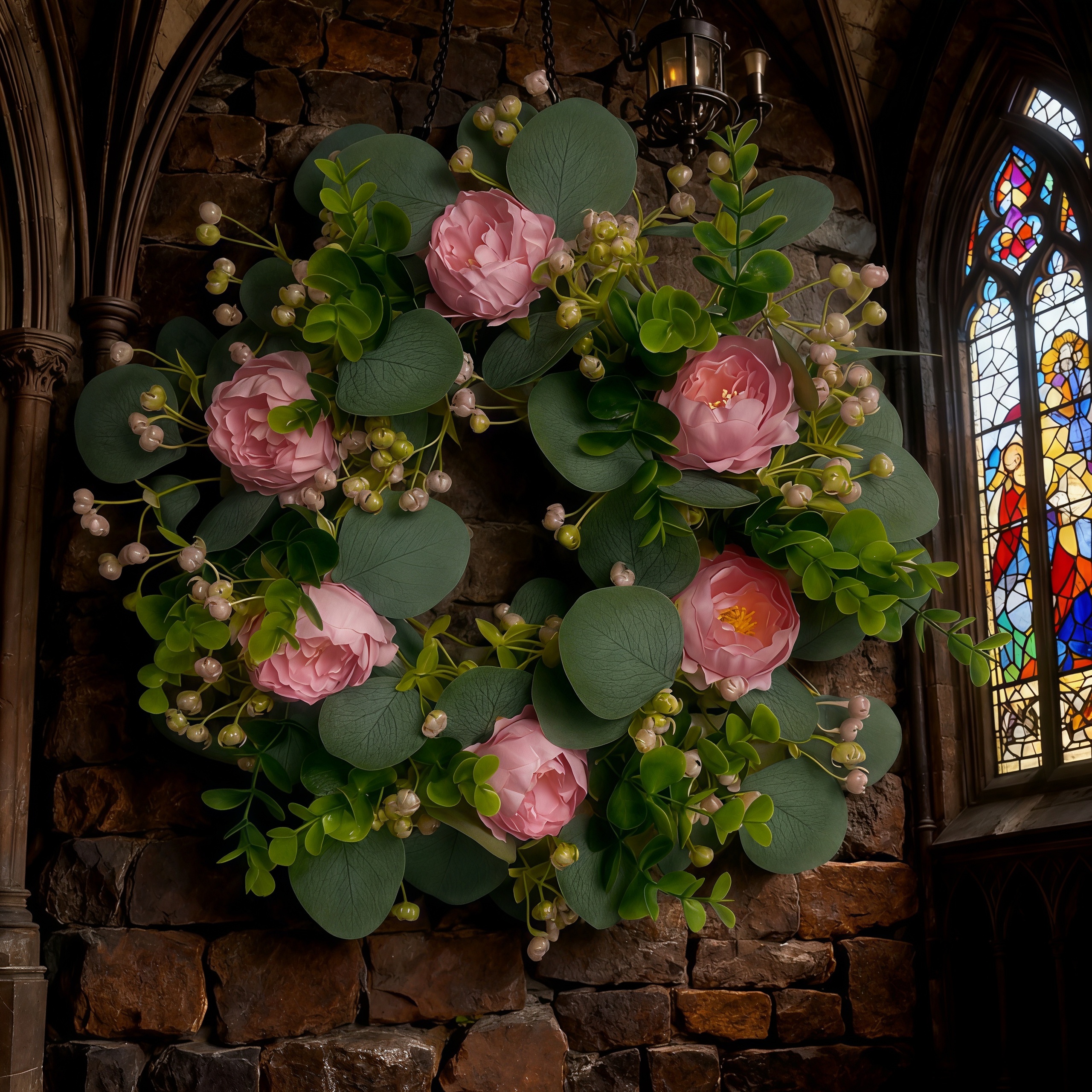 Peony Eucalyptus Baby’s Breath Buds Artificial Floral Wreath