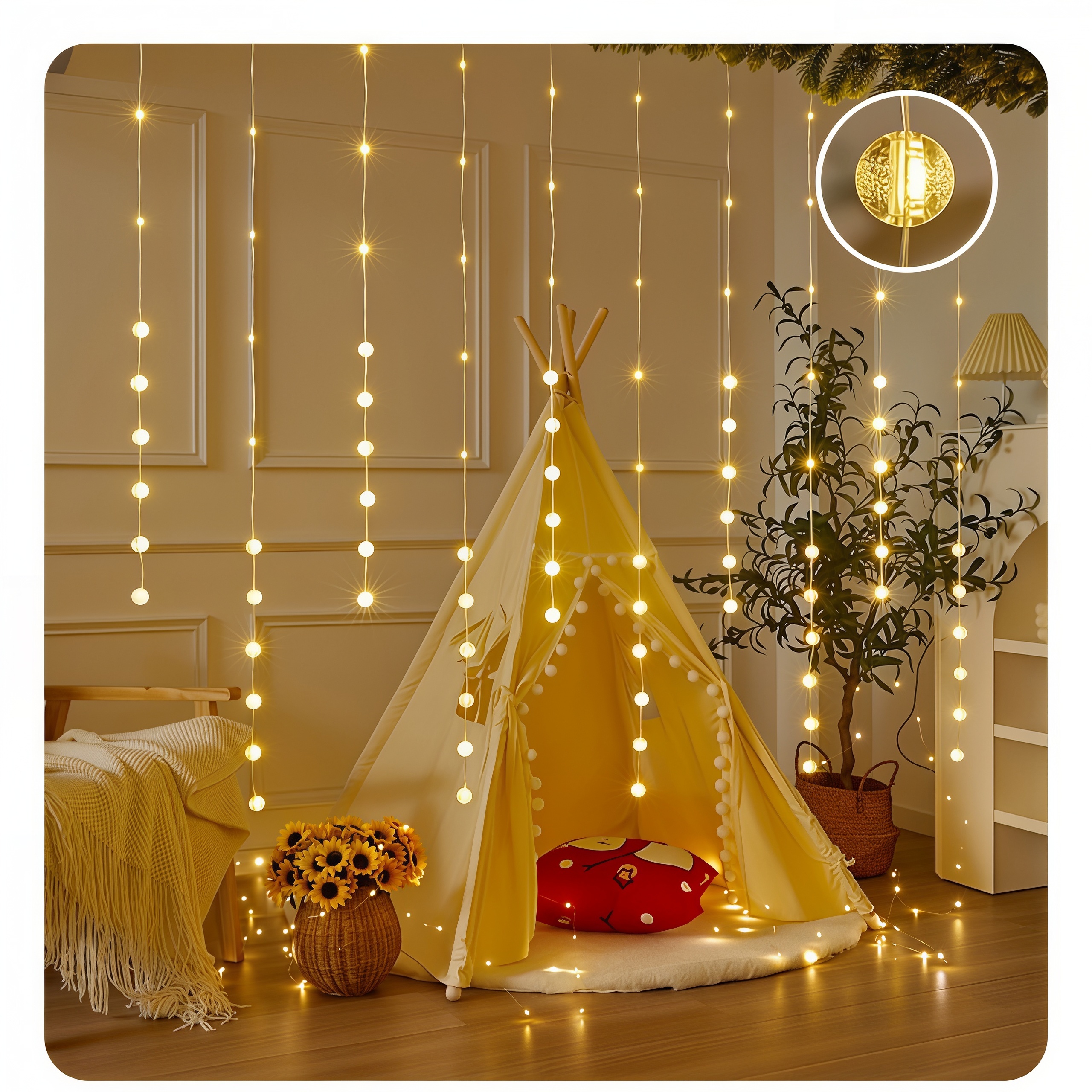 9.84 FT Warm White LED Window Curtain Lights with Hanging Strands