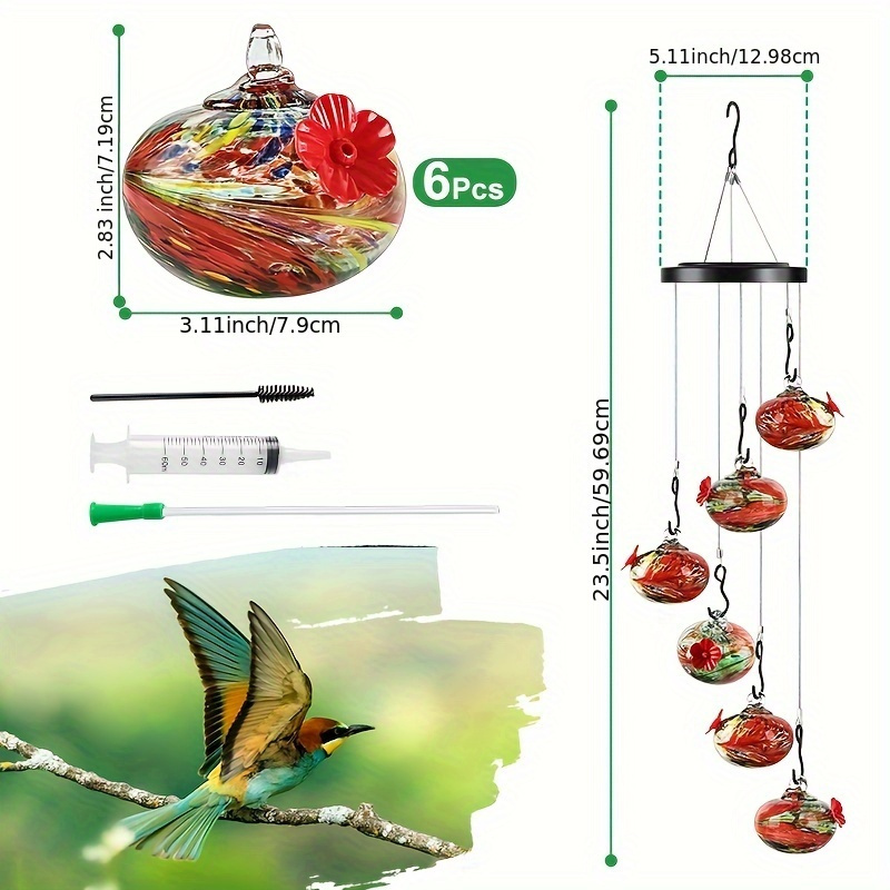 Hand-Blown Glass Hummingbird Feeder Wind Chime, Leakproof, Ant & Bee Proof Garden Ornament