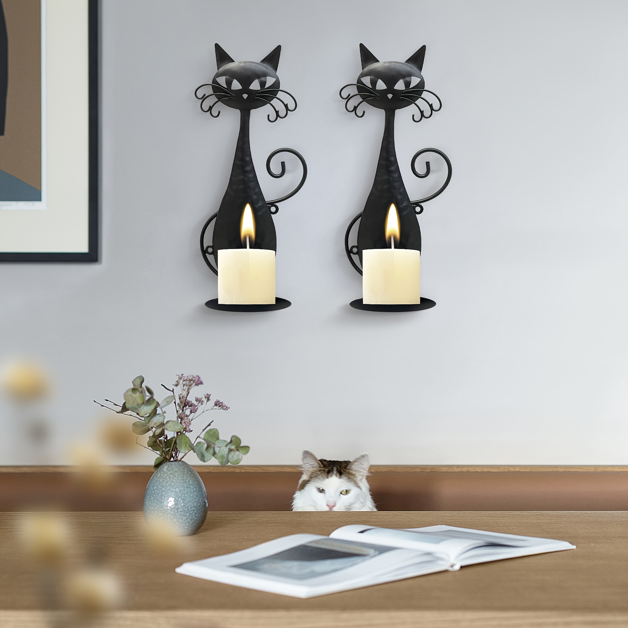 1 Pack Black Cat Metal Wall Candle Sconce 