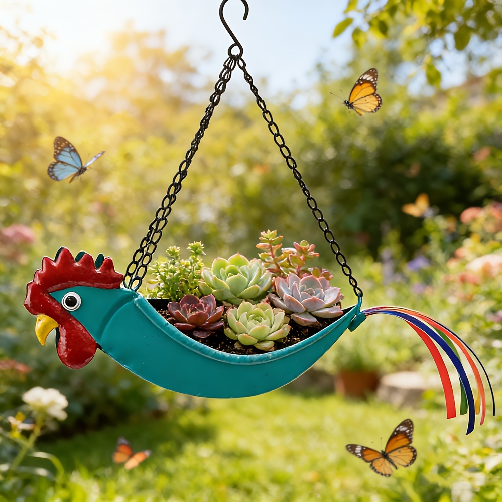 Metal Rooster Hanging Planter with Chain