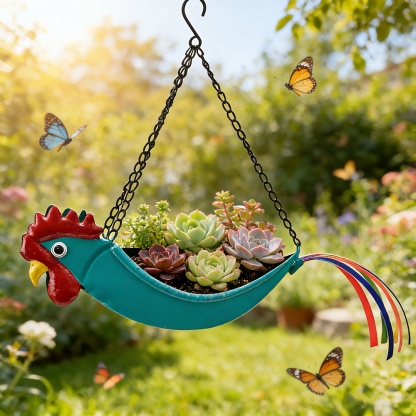 Metal Rooster Hanging Planter with Chain