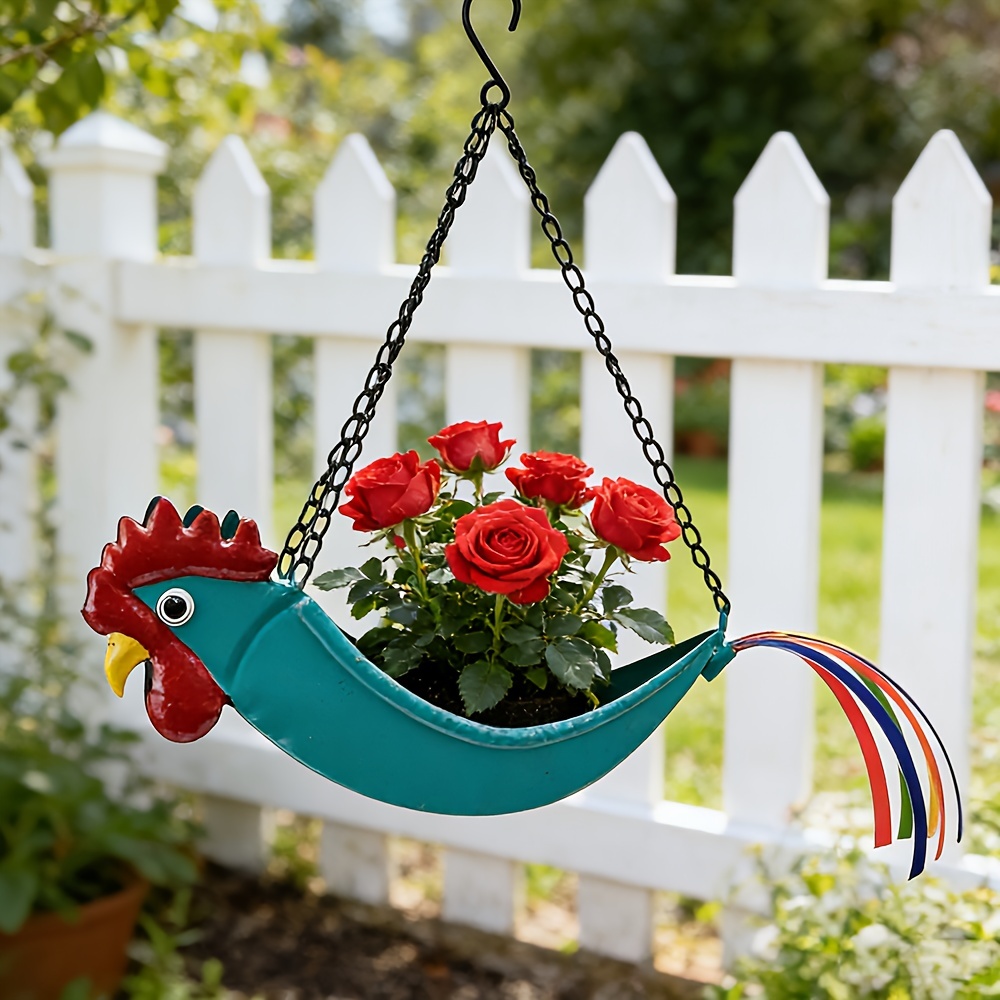 Metal Rooster Hanging Planter with Chain