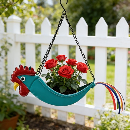 Metal Rooster Hanging Planter with Chain