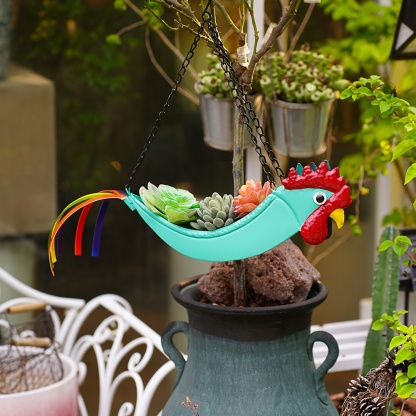 Metal Rooster Hanging Planter with Chain