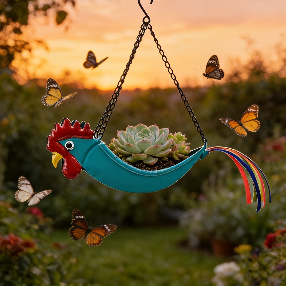 Metal Rooster Hanging Planter with Chain