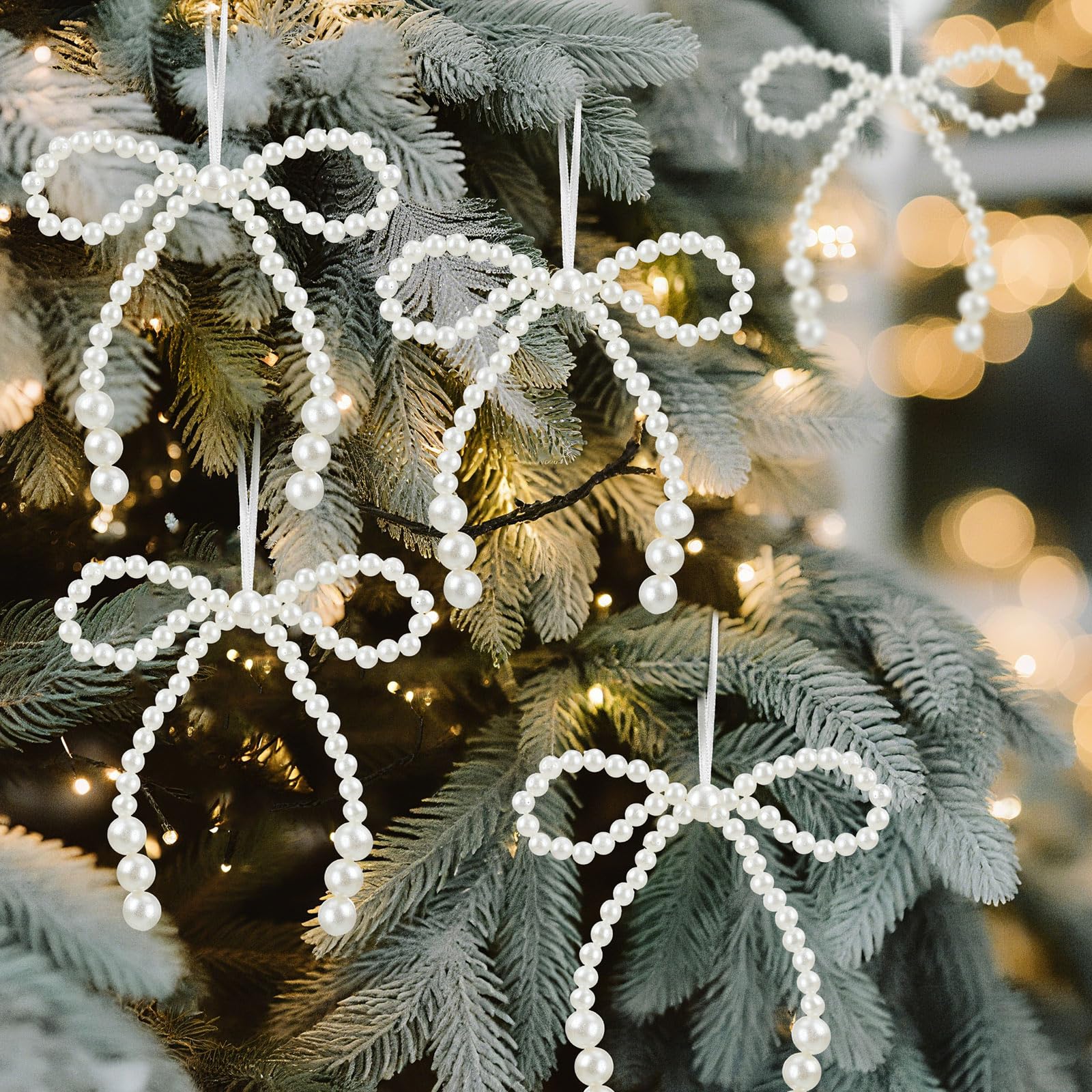 6 Pcs Pearl Bow Christmas Hanging Ornaments