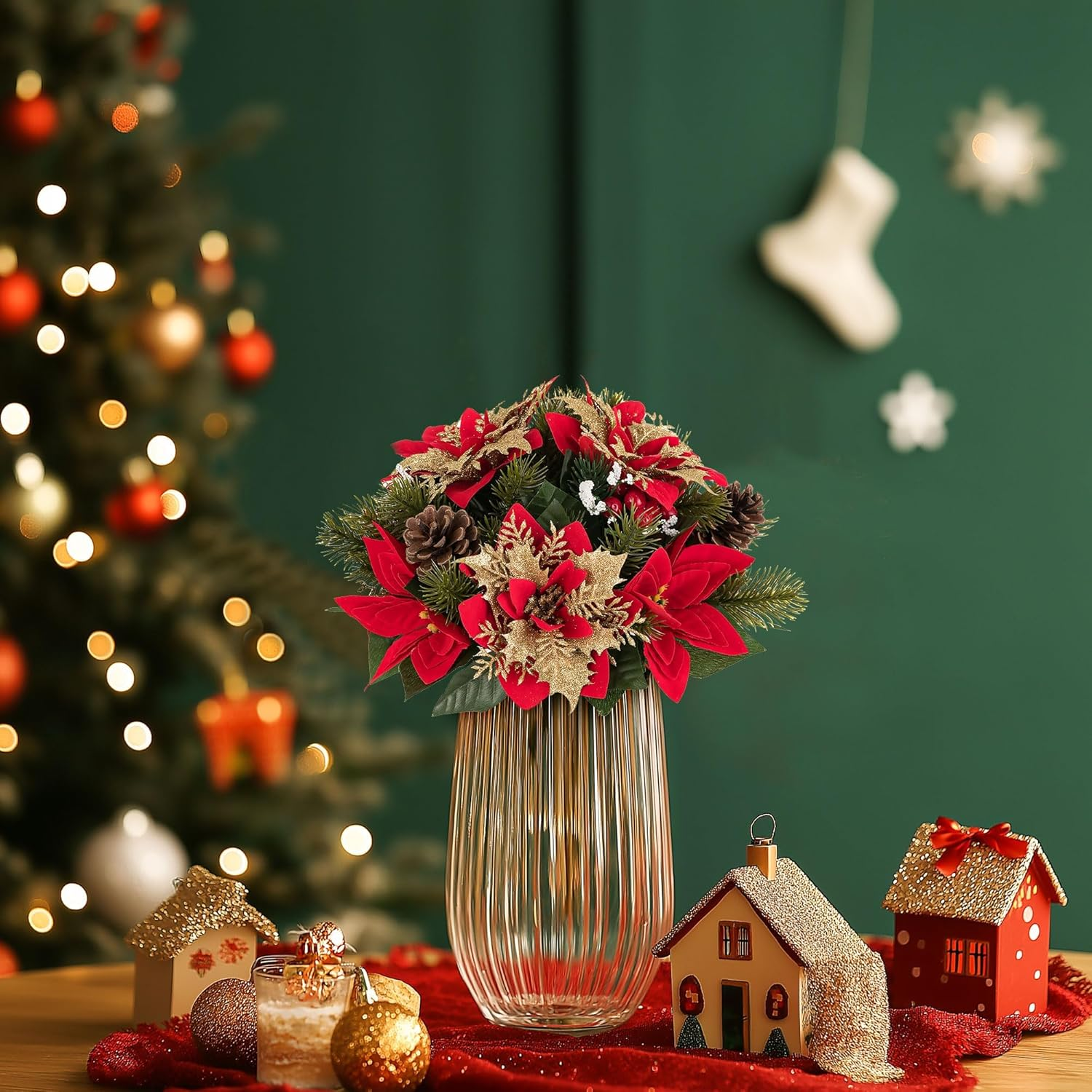 2 Pcs Poinsettias Artificial Christmas Flower Balls Decoration