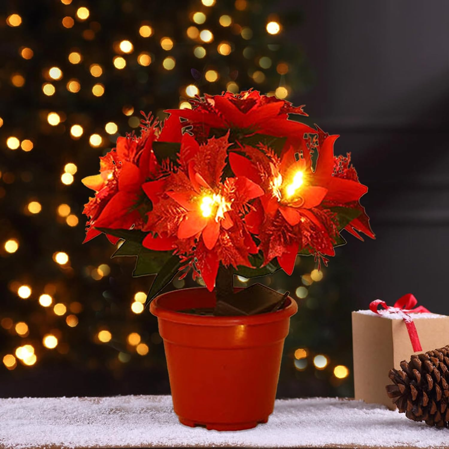 13.77-inch Lighted Velvet Artificial Poinsettia Christmas Potted Plant