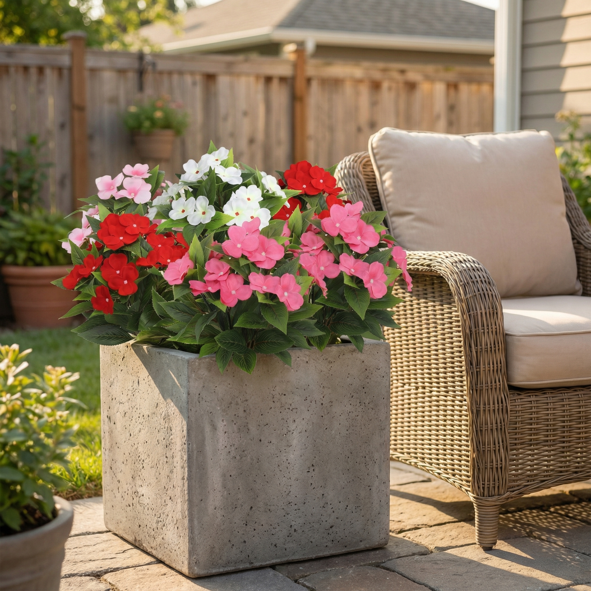 Impatiens Artificial Flowers Multi Color Faux Flower Planter Decor