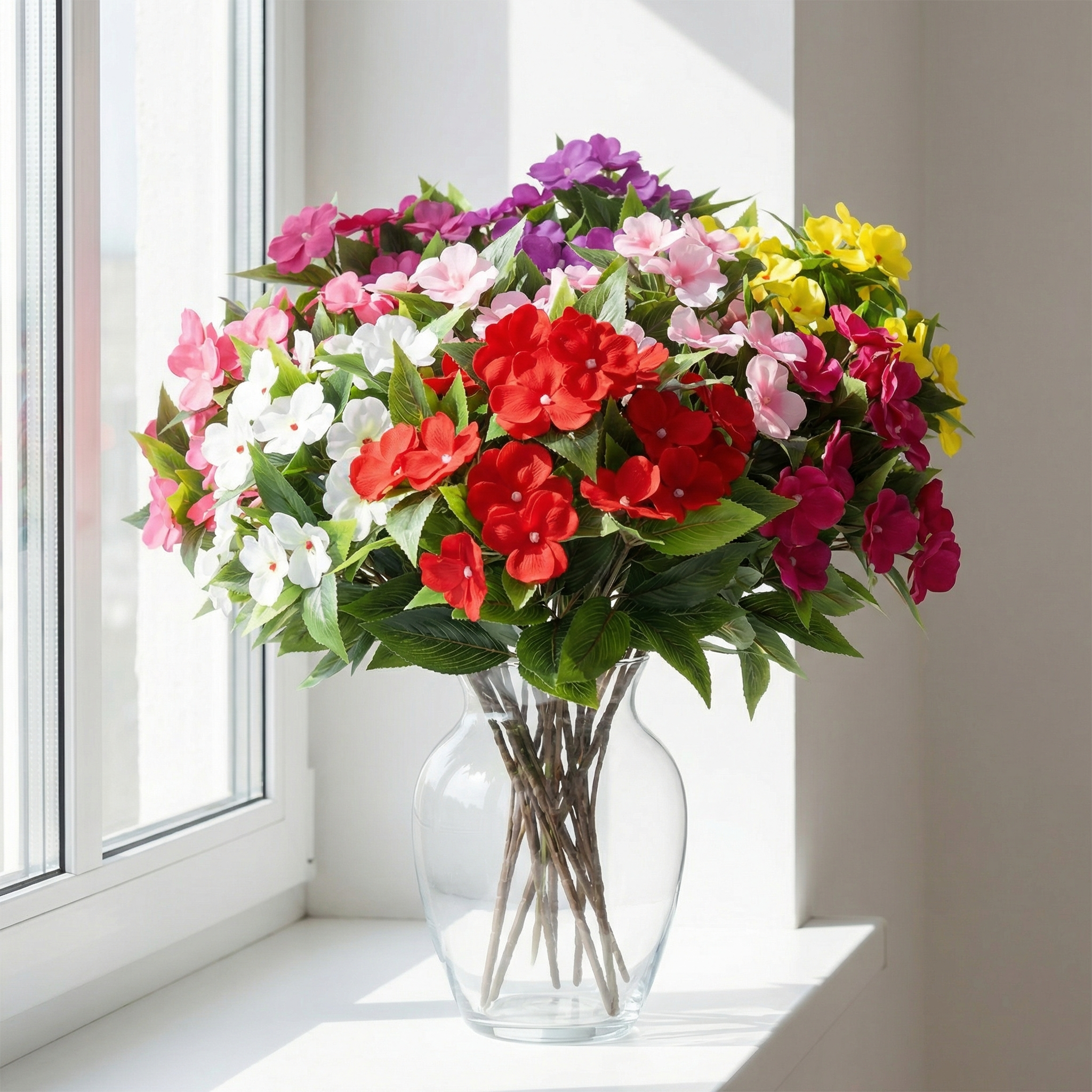 Impatiens Artificial Flowers Multi Color Faux Flower Planter Decor