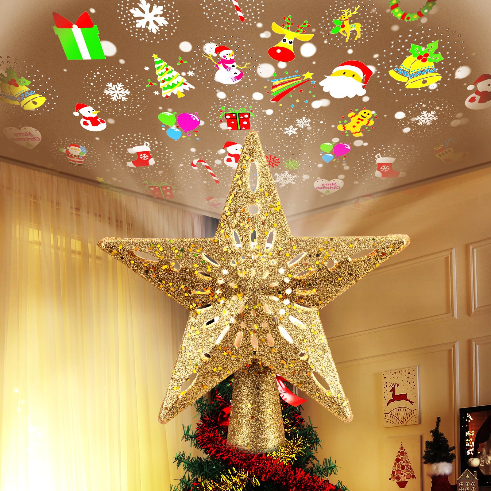 LED Star Tree Topper Snowflake Projector