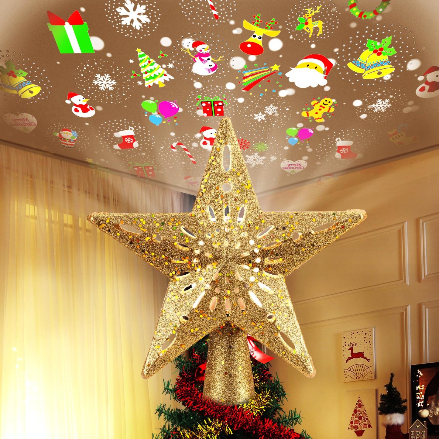 LED Star Tree Topper Snowflake Projector
