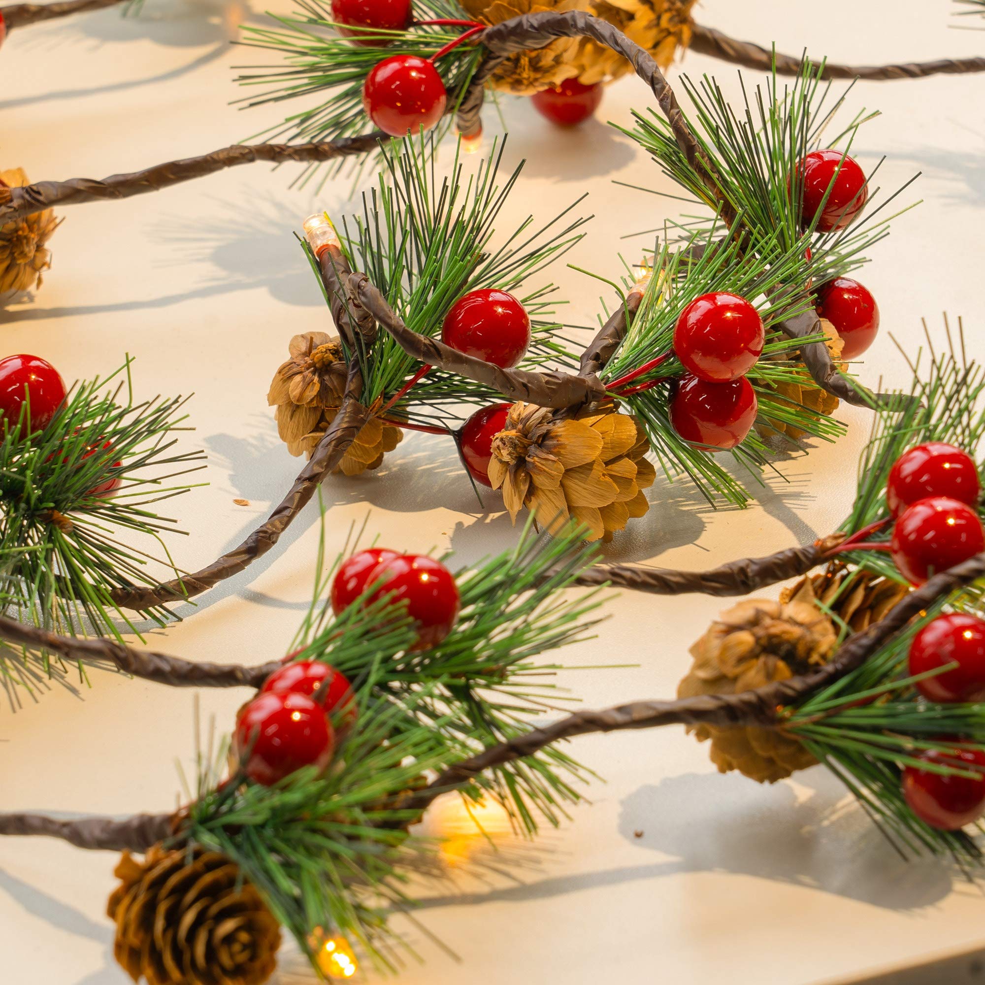 6.56Ft 20 LED Pine Needles Berries Christmas Garland