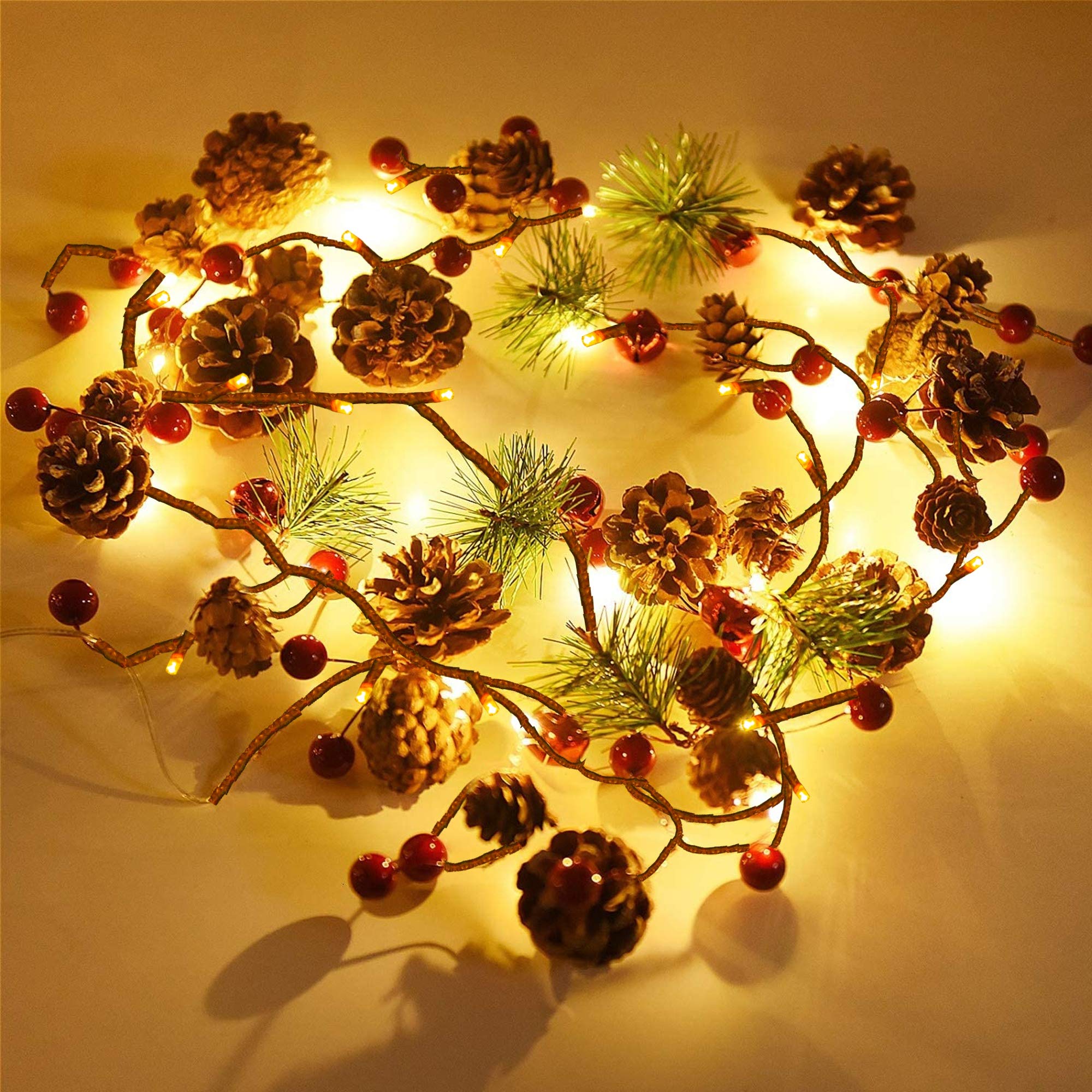 6.56Ft 20 LED Pine Needles Berries Christmas Garland