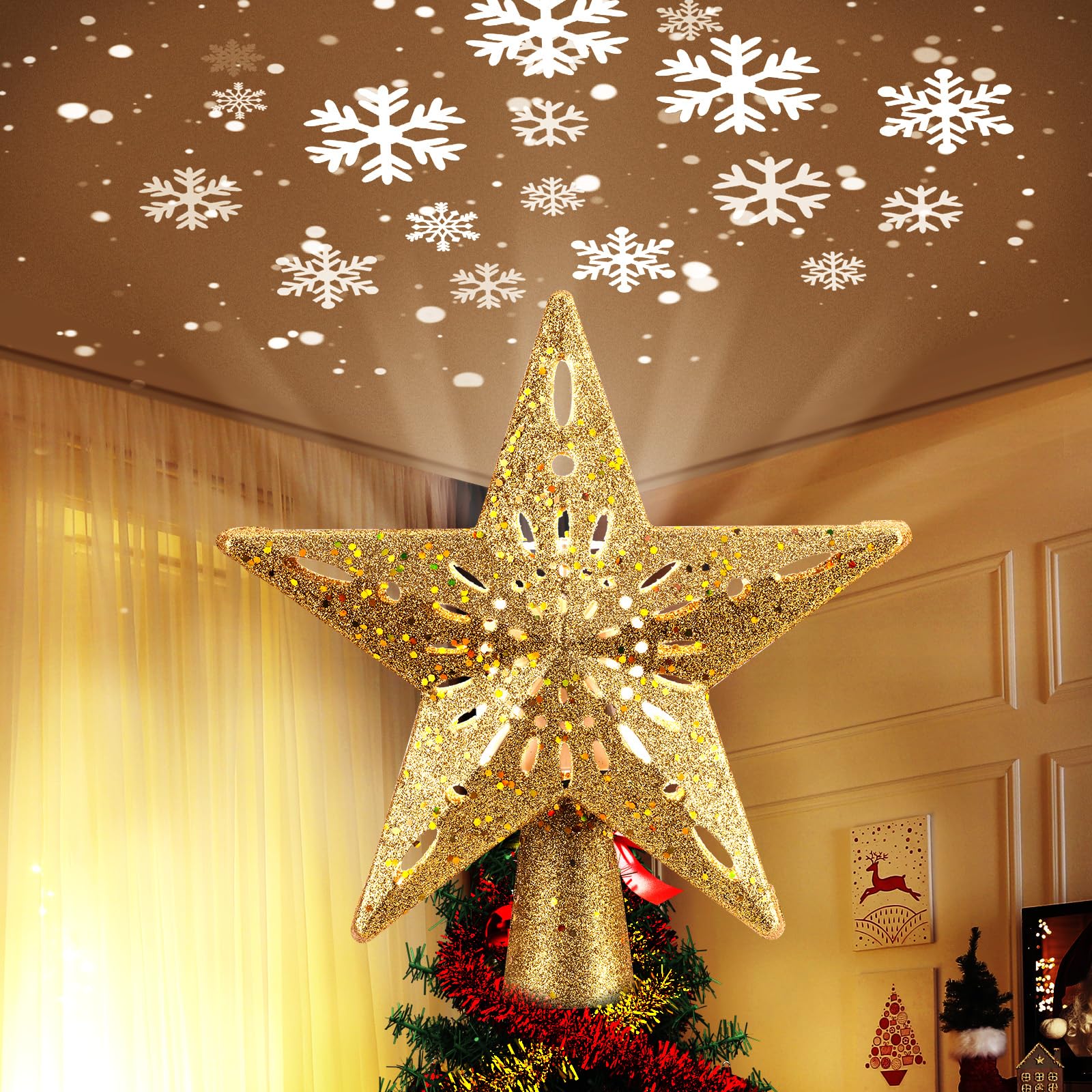 LED Star Tree Topper Snowflake Projector