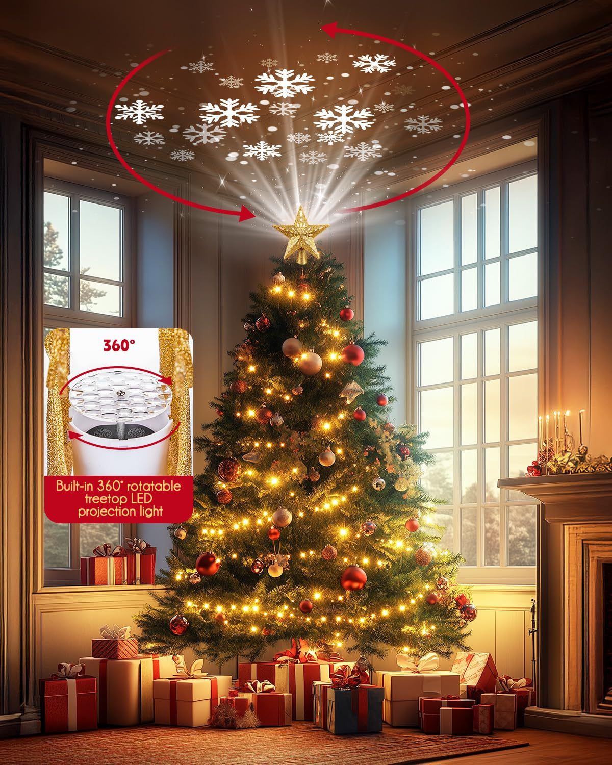 LED Star Tree Topper Snowflake Projector