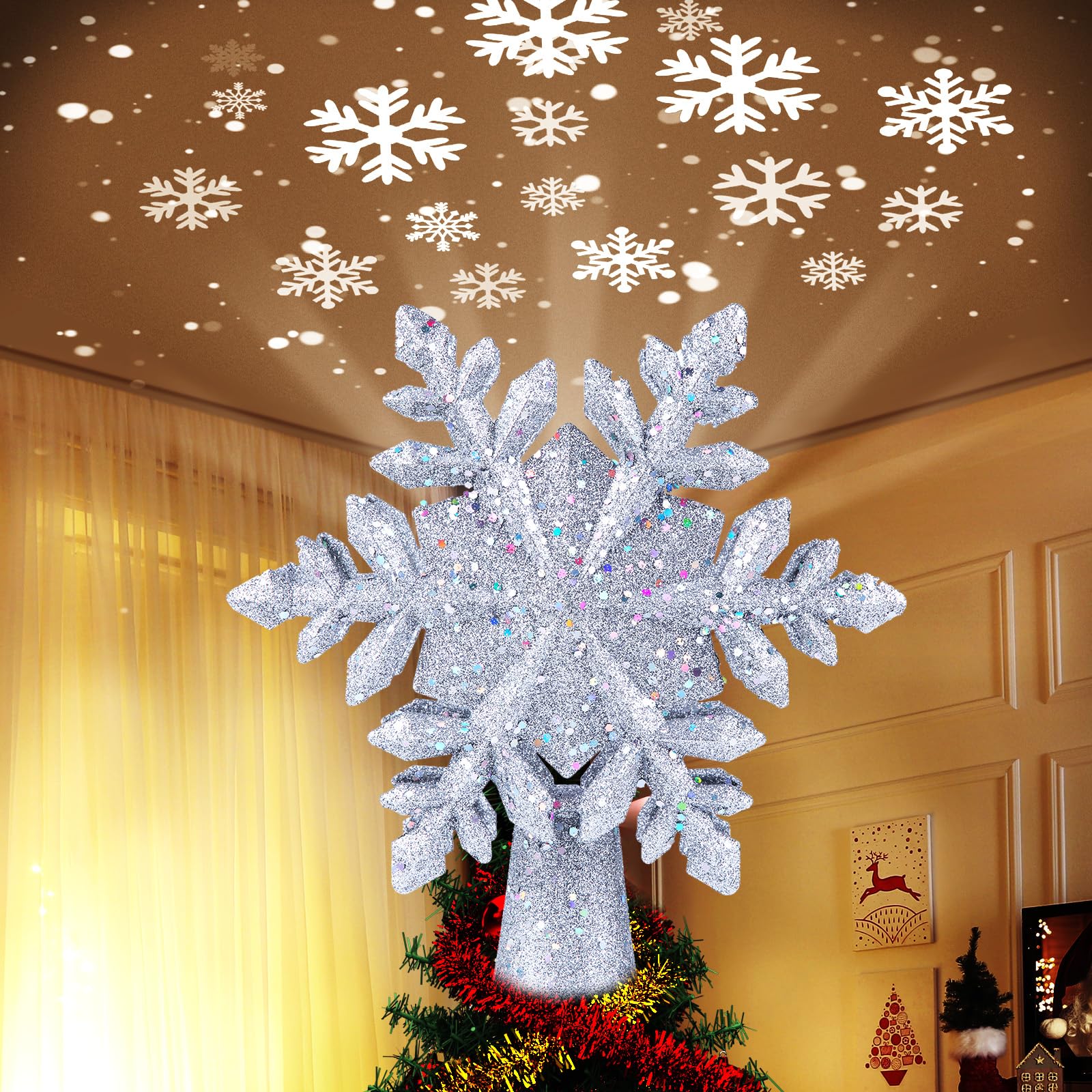 LED Star Tree Topper Snowflake Projector