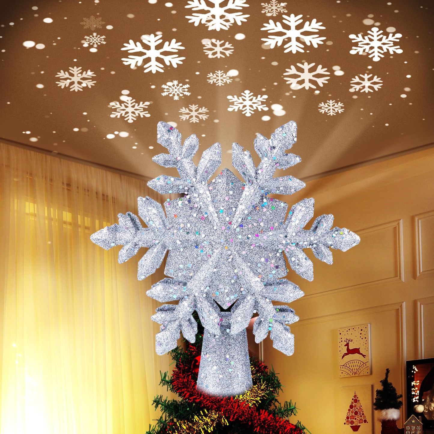 LED Star Tree Topper Snowflake Projector