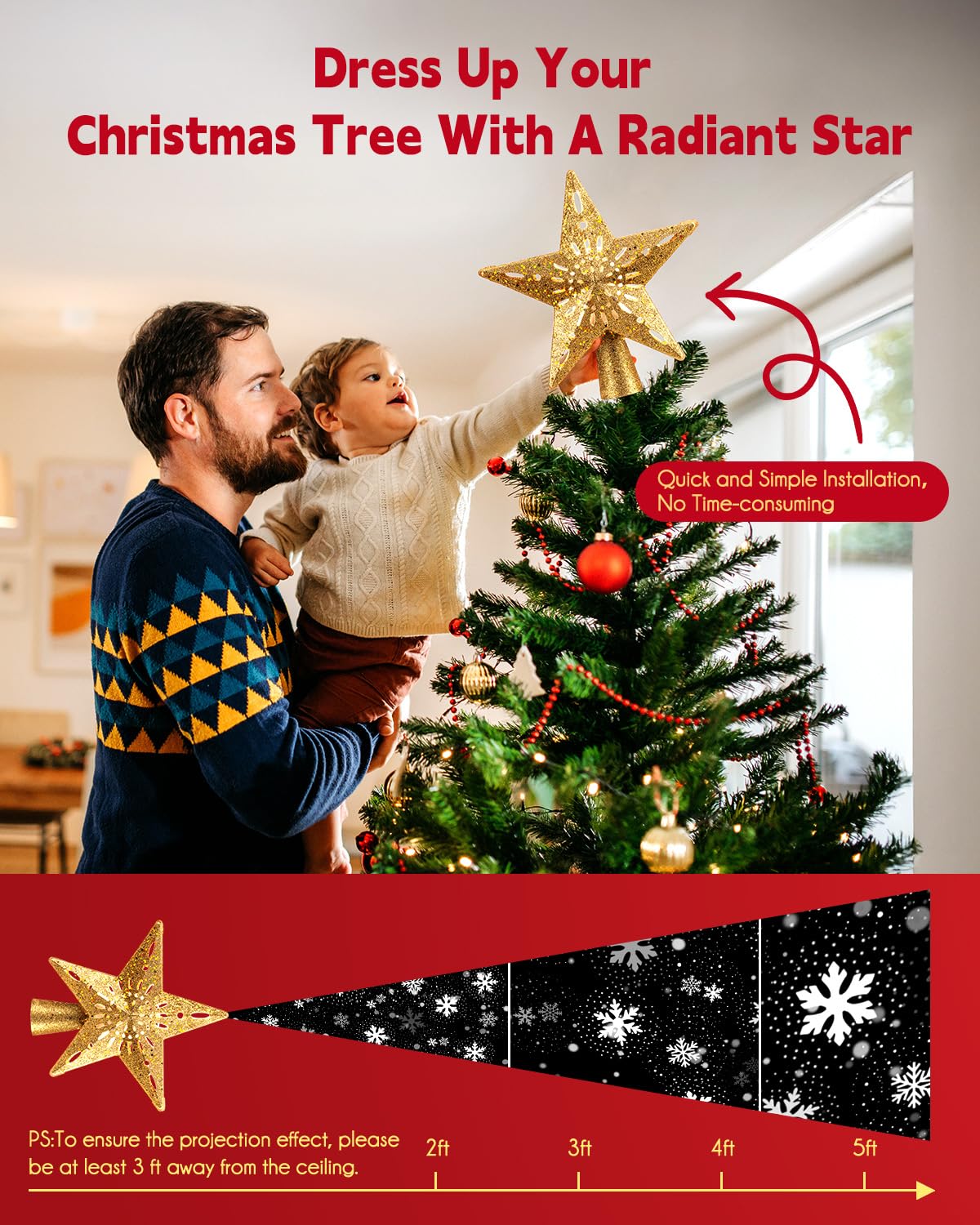 LED Star Tree Topper Snowflake Projector