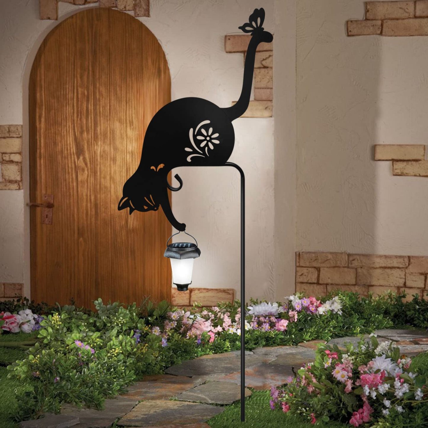 Solar Garden Cat Holding Lantern Stake