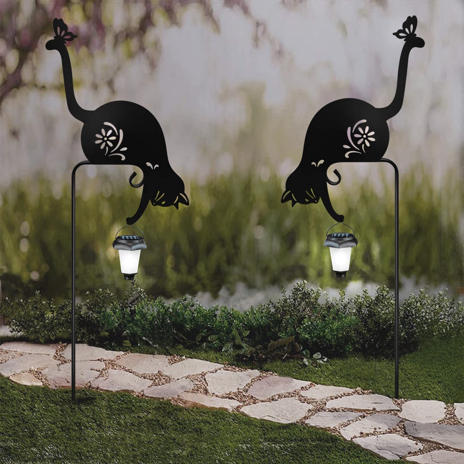 Solar Garden Cat Holding Lantern Stake