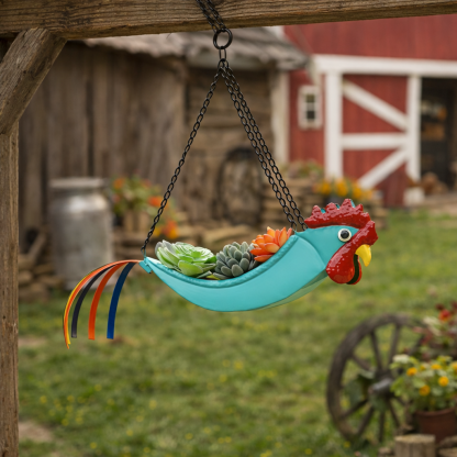 Metal Rooster Hanging Planter with Chain