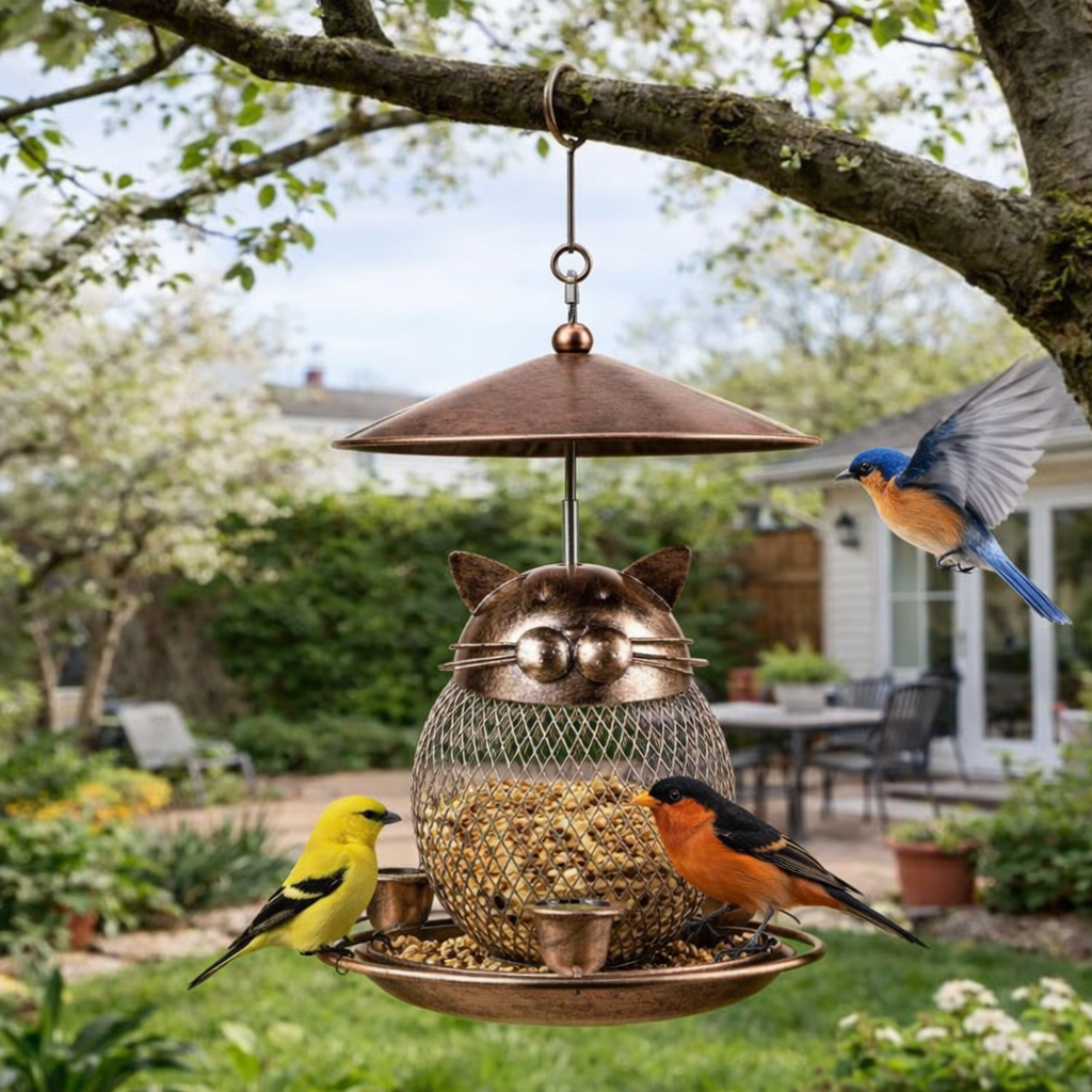Squirrel-Proof Cat-Shaped Metal Bird Feeder