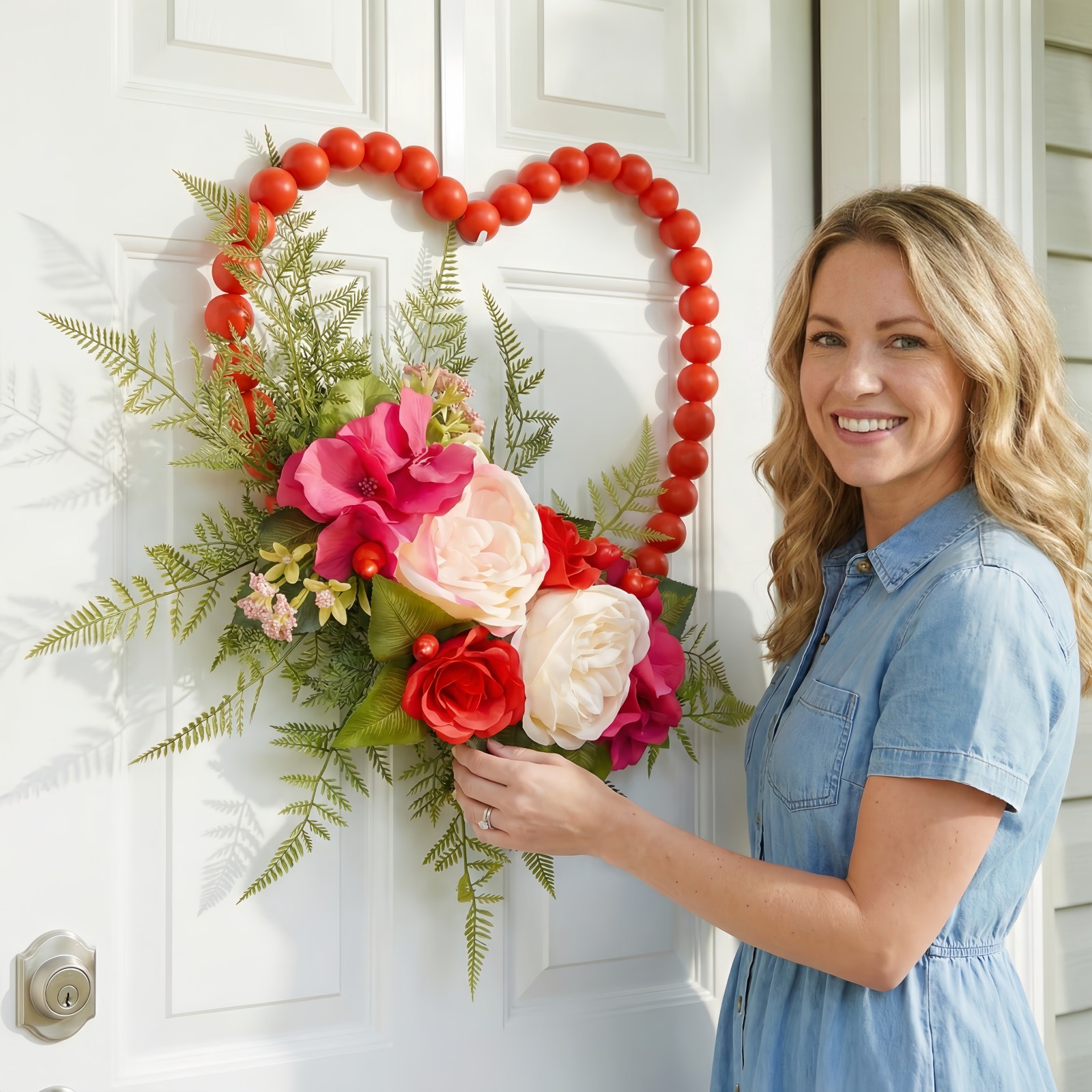 Luxurious Wooden Bead Heart Wreath Hanging Wall Decor