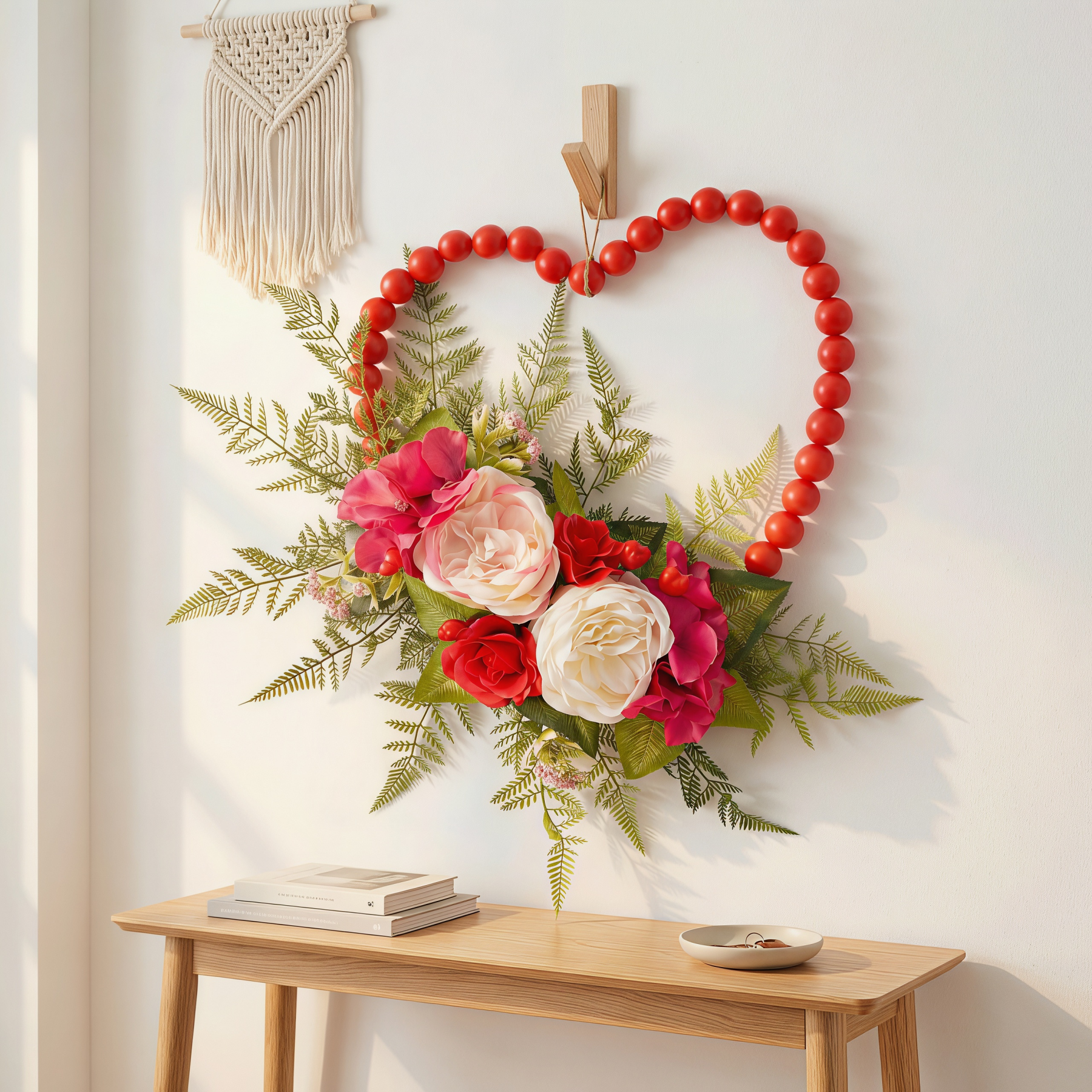 Luxurious Wooden Bead Heart Wreath Hanging Wall Decor