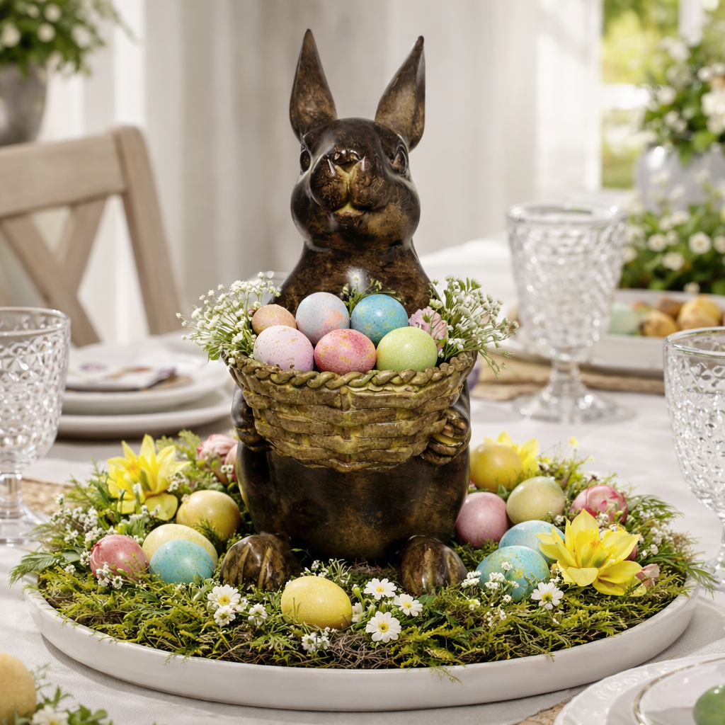 Vintage Bunny Basket Planter, Easter Table Centerpiece Décor
