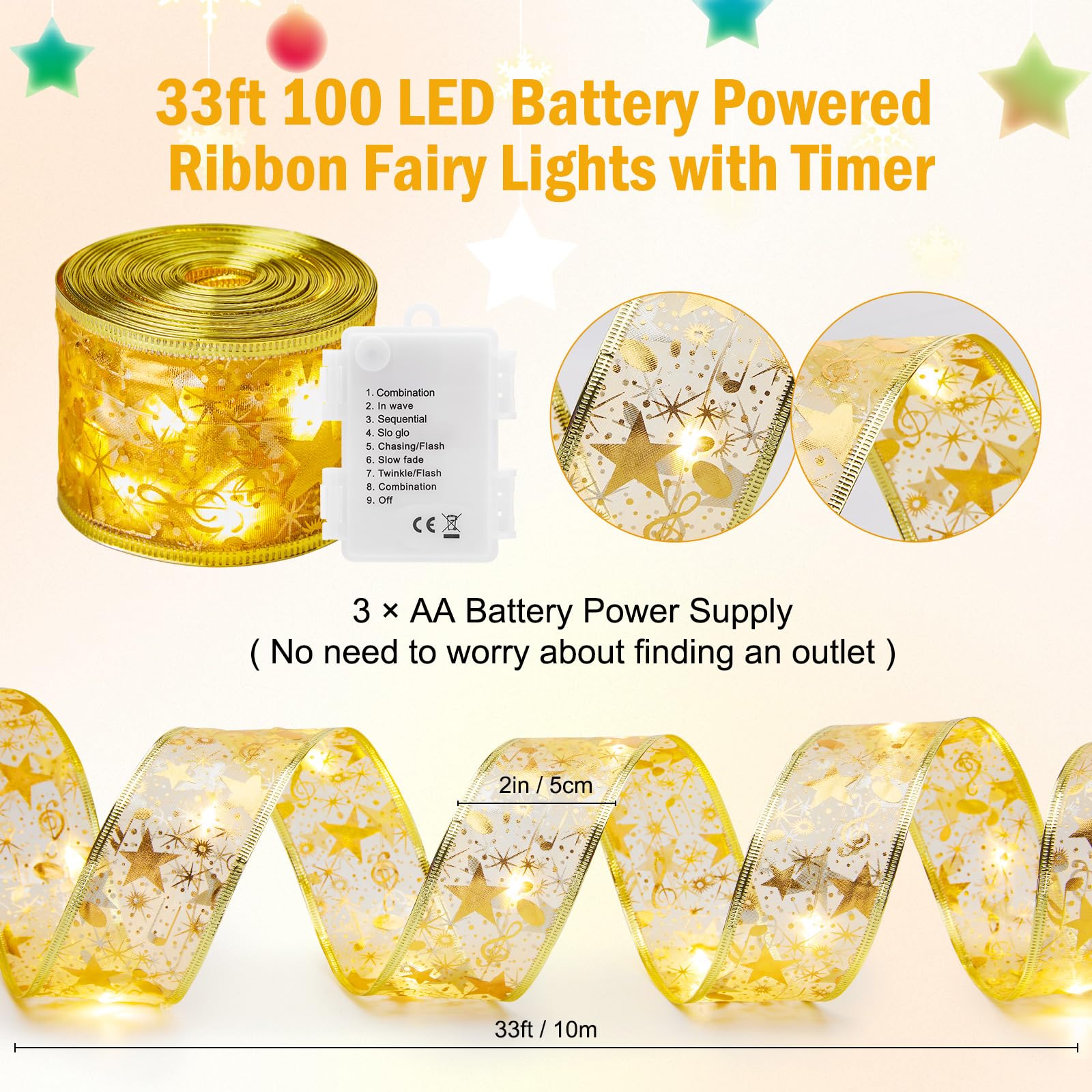 33ft 100 LED Christmas Tree Ribbon String Light