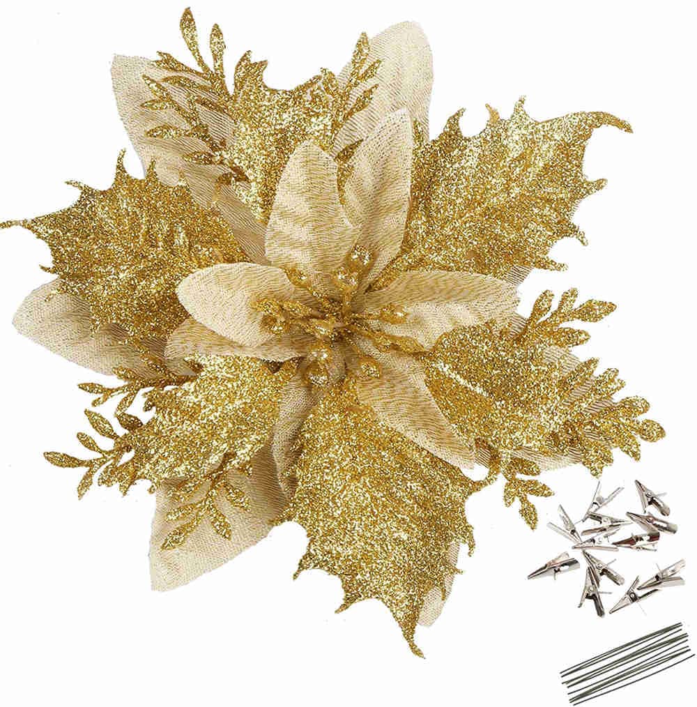 12 Pack 5.5" Glitter Artificial Poinsettia Christmas Flowers