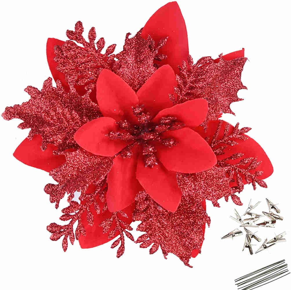 12 Pack 5.5" Glitter Artificial Poinsettia Christmas Flowers