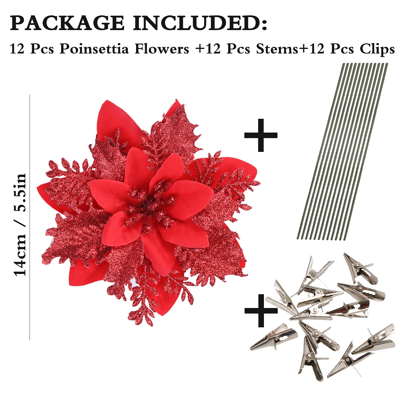 12 Pack 5.5" Glitter Artificial Poinsettia Christmas Flowers