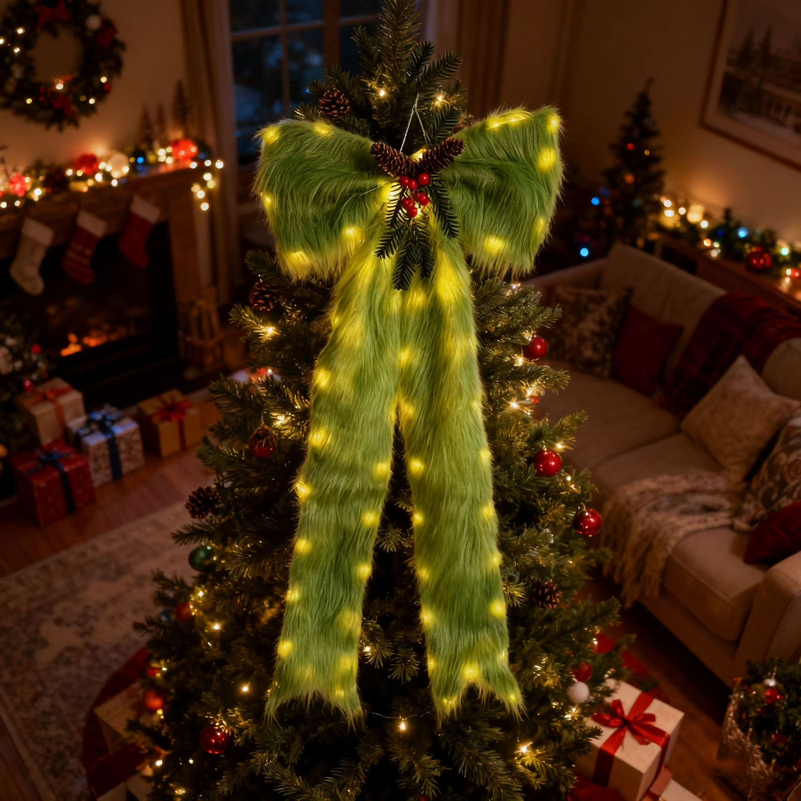 47" Lighted Plush Christmas Tree Bow Topper